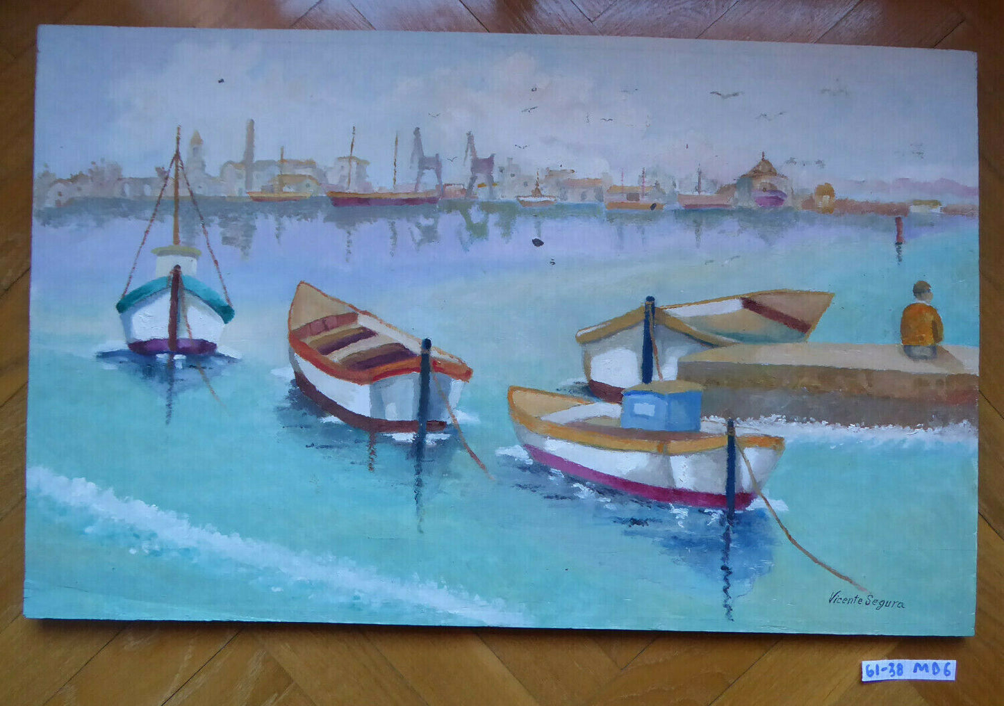 VECCHIO QUADRO OLIO SU TAVOLA VINTAGE MARINA BARCHE MARE FIRMATO SPAGNA '900 MD6 - Belbello Antiques