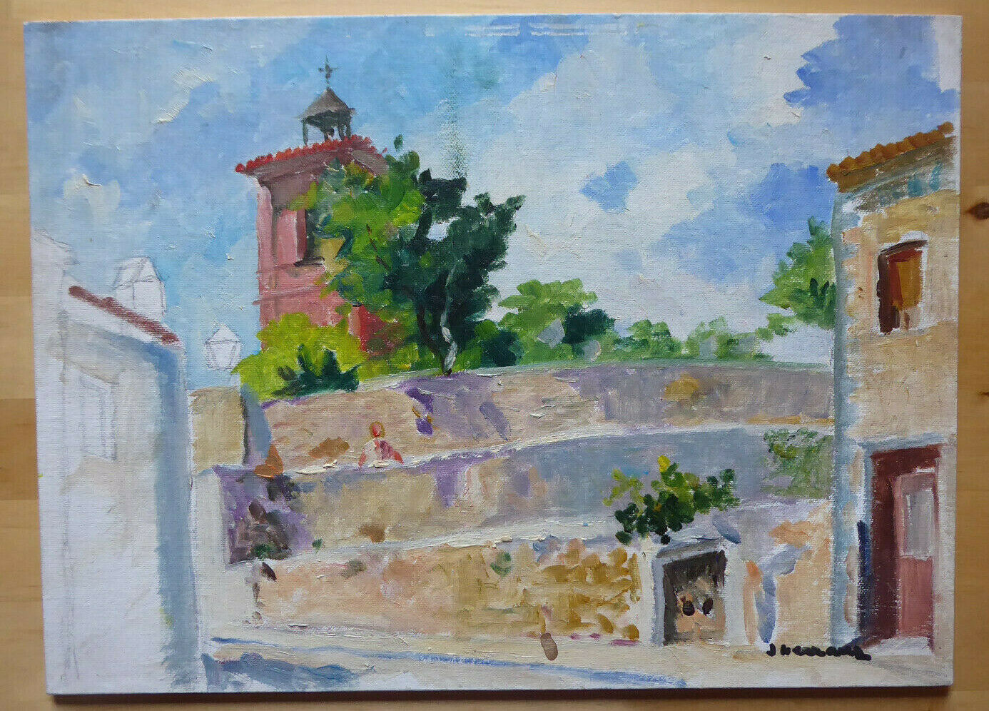 OIL PAINTING ON UNFINISHED PANEL VIEW OF SPANISH COUNTRY WORK PAINTER MD1