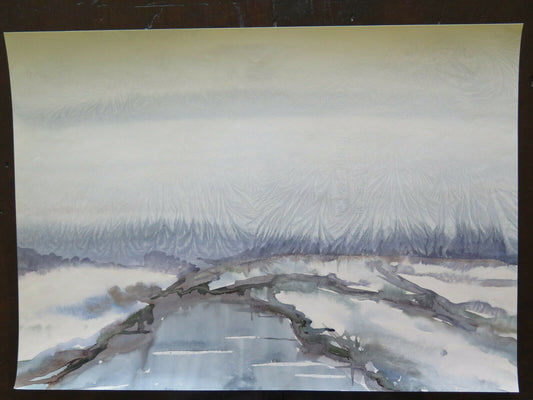 46x33 cm OLD WATERCOLOR ABSTRACT WINTER LANDSCAPE WITH MIXED TECHNIQUE P14