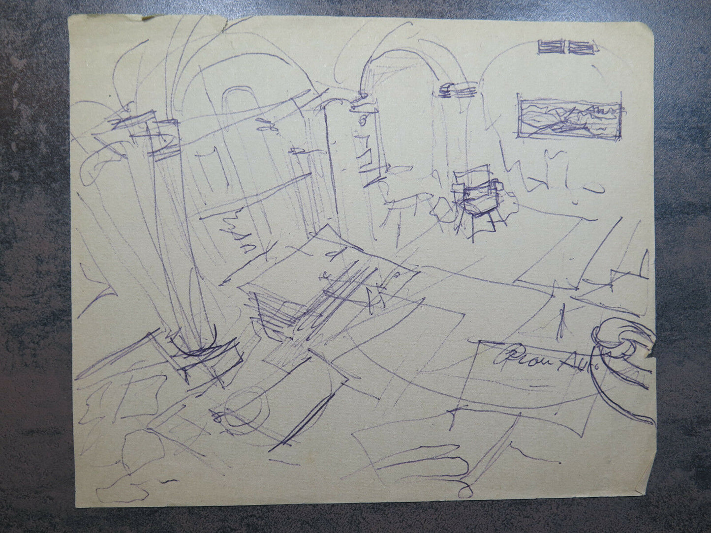 ANCIENT PREPARATORY SKETCH IN PEN ON PAPER HOUSE INTERIOR 1950s P28