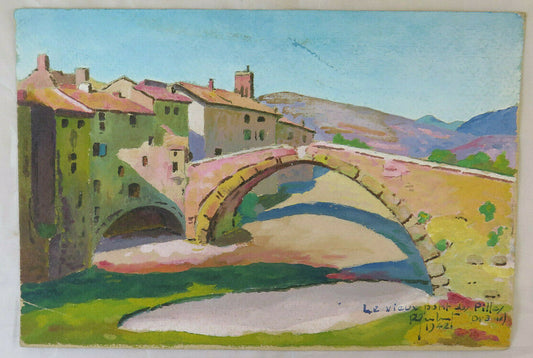 QUADRO ANTICO PAESAGGIO VEDUTA VECCHIO PONTE DI PILLEY FRANCIA FIRMATO BM53.2 - Belbello Antiques