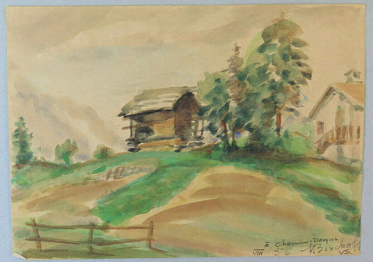 SMALL PAINTING FROM THE 50S LANDSCAPE CHEMIN-DESSUS MARTIGNY SWITZERLAND SIGNED BM53.2 