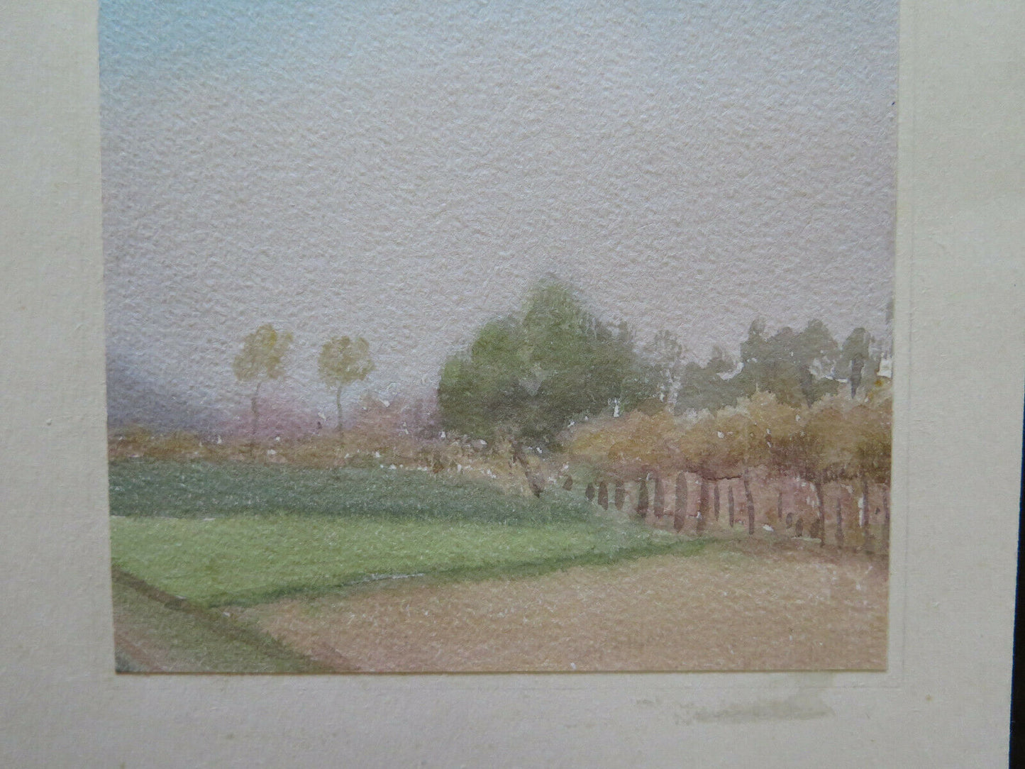 PICCOLO DIPINTO VINTAGE PAESAGGIO DI CAMPAGNA ACQUERELLO SU CARTA 11x12 cm P14