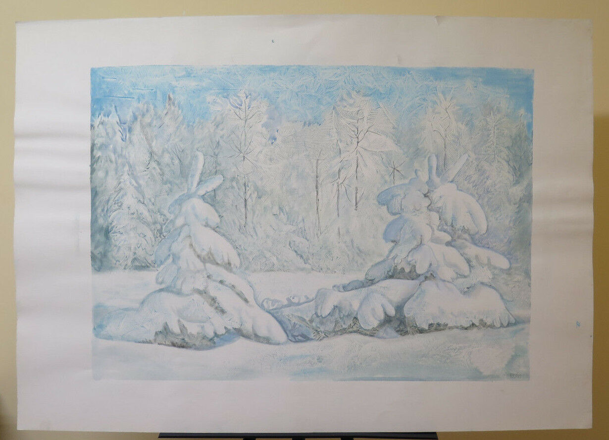 PAESAGGIO INVERNALE CON ALBERI INNEVATI QUADRO MODERNO ANNI OTTANTA P33.1