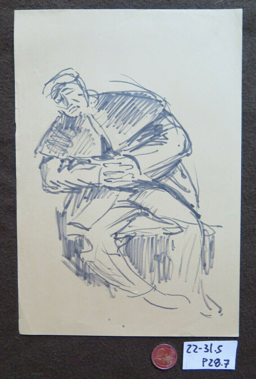 QUADRO DISEGNO BOZZETTO SU CARTA STUDIO FIGURA MASCHILE ANNI '50 RITRATTO P28.7