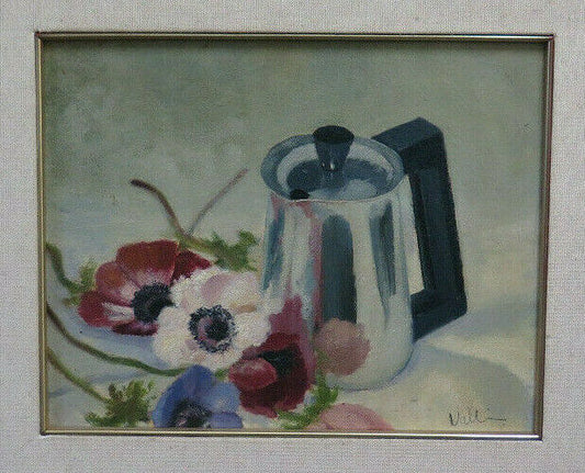 VINTAGE PAINTING SIGNED VALLI OIL PAINTING FLOWERS STILL LIFE IN INTERIOR BM51 