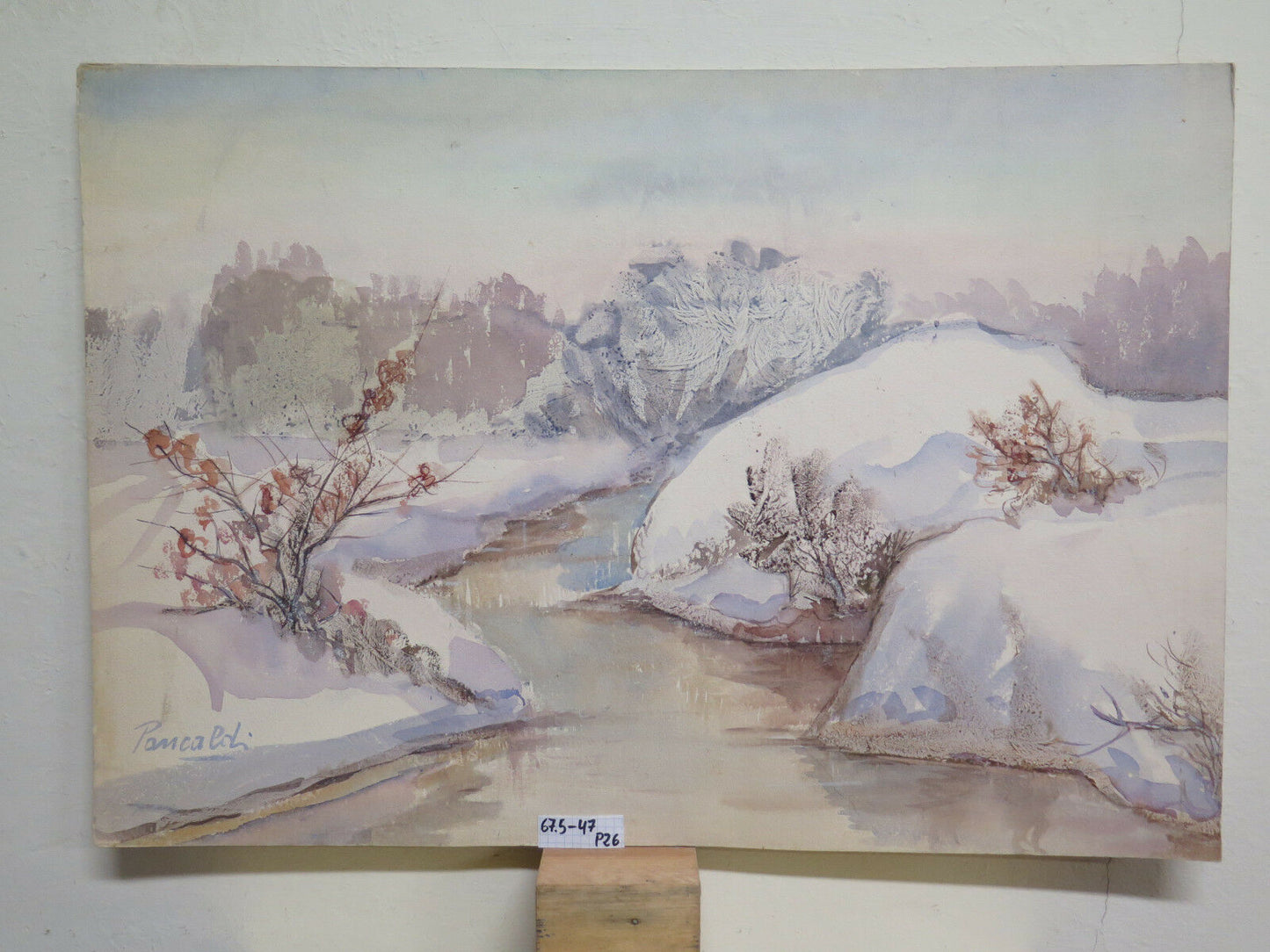 VINTAGE PAINTING SIGNED PANCALDI WINTER LANDSCAPE WITH SNOW SNOW-COVERED TREES P26