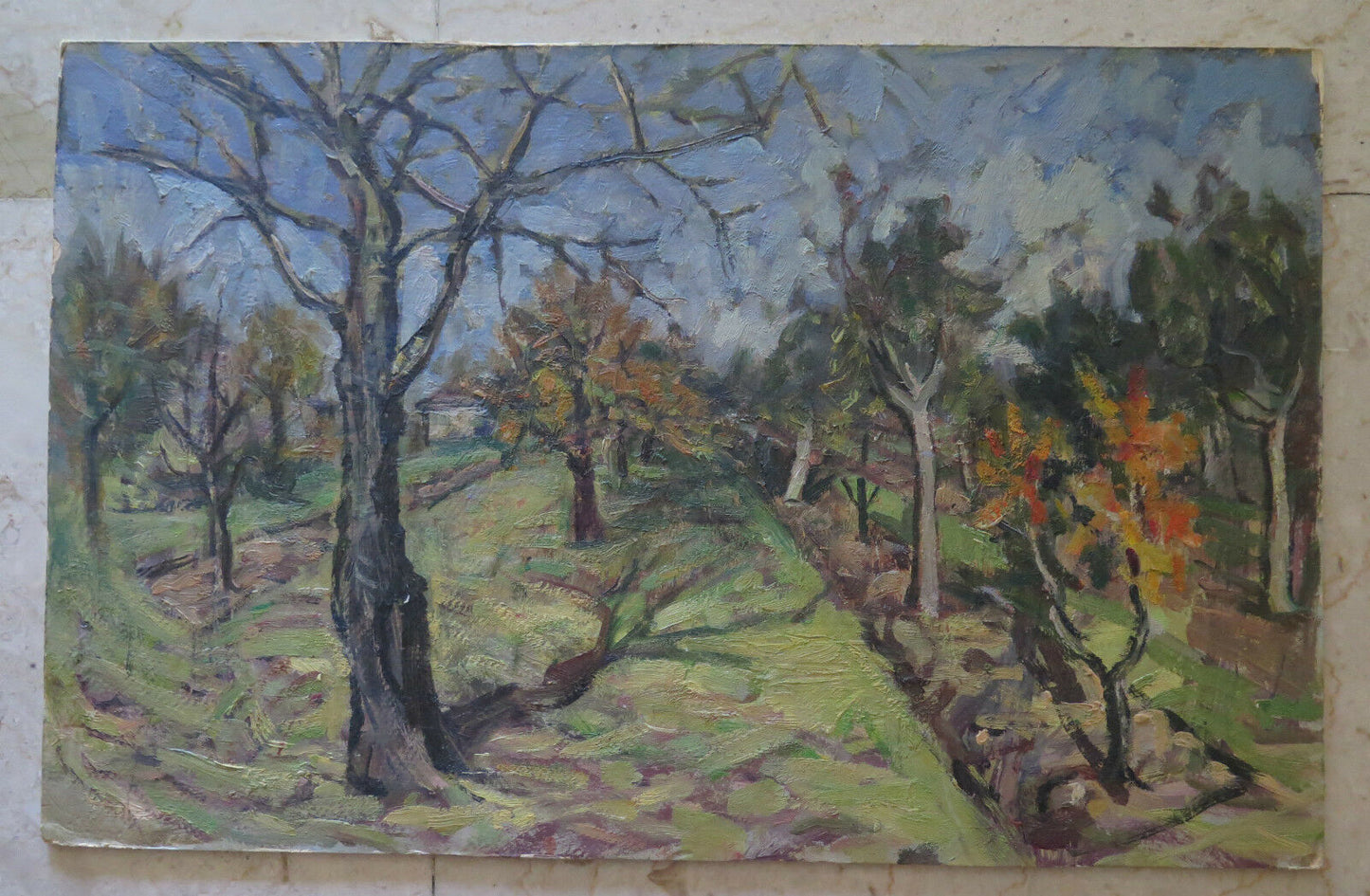 THE ORCHARD AFTER THE HARVEST ANTIQUE OIL PAINTING ON ORIGINAL PANEL p8