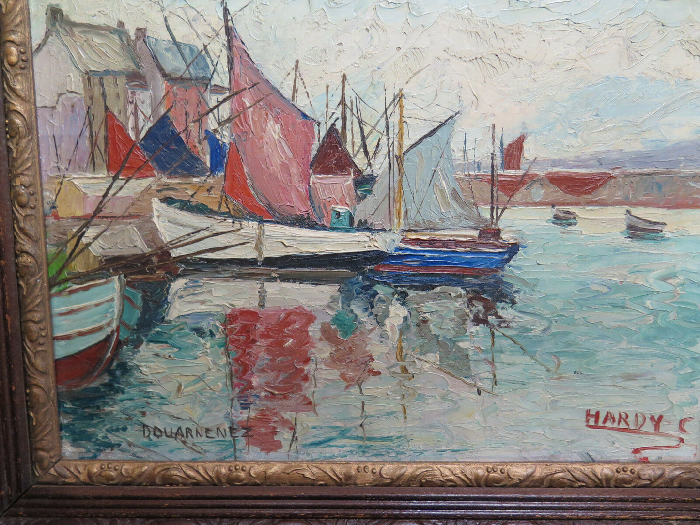 ANTICO DIPINTO OLIO TELA QUADRO PAESAGGIO MARINA HARDY DOUARNENEZ  France R104 - Belbello Antiques