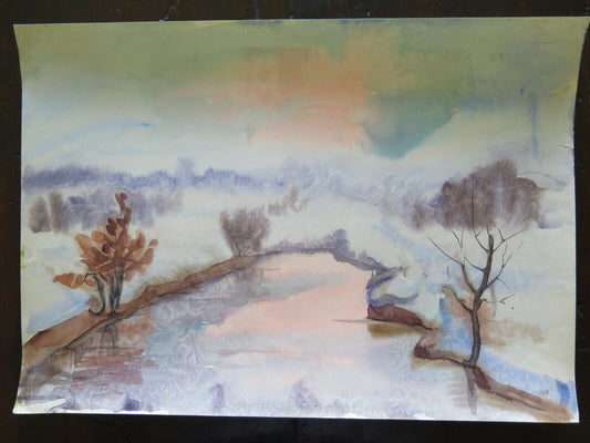 50x35 cm VINTAGE WATERCOLOR PAINTING COUNTRYSIDE LANDSCAPE WINTER P14