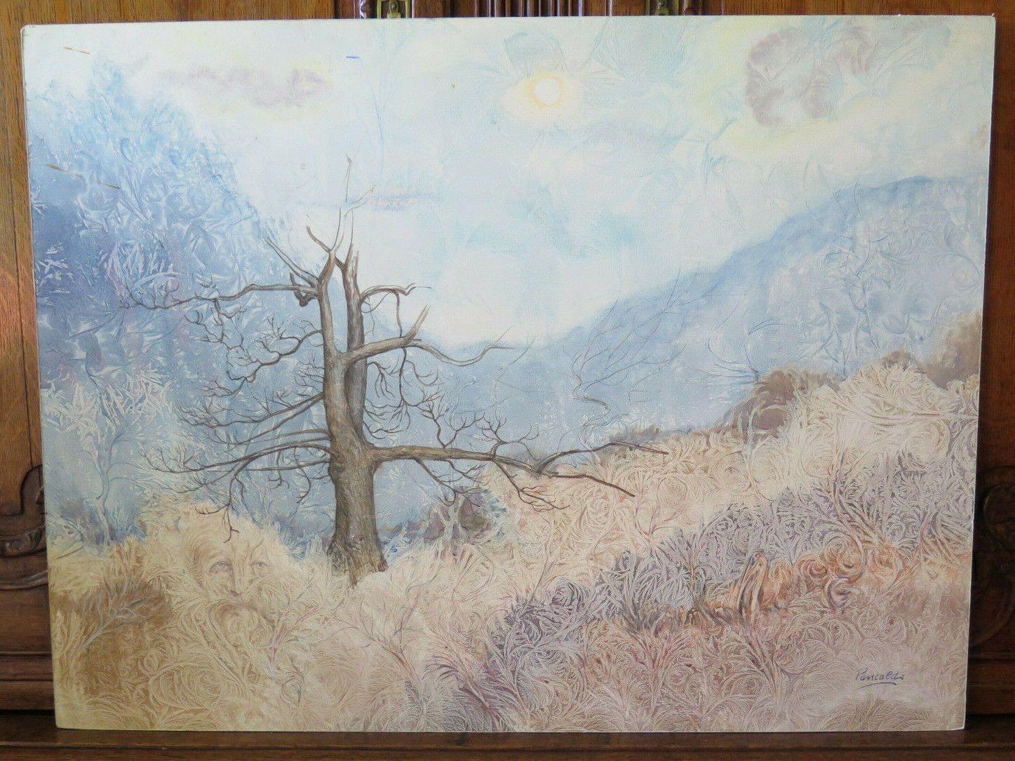 79x59 cm QUADRO VINTAGE DIPINTO CON TECNICA SPERIMENTALE PAESAGGIO INVERNO  P20 - Belbello Antiques