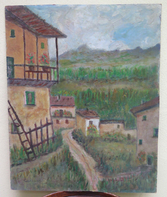 ANTICO DIPINTO AD OLIO SU TAVOLA PESAGGIO IN PRIMAVERA VEDUTA DI CAMPAGNA vb2 - Belbello Antiques