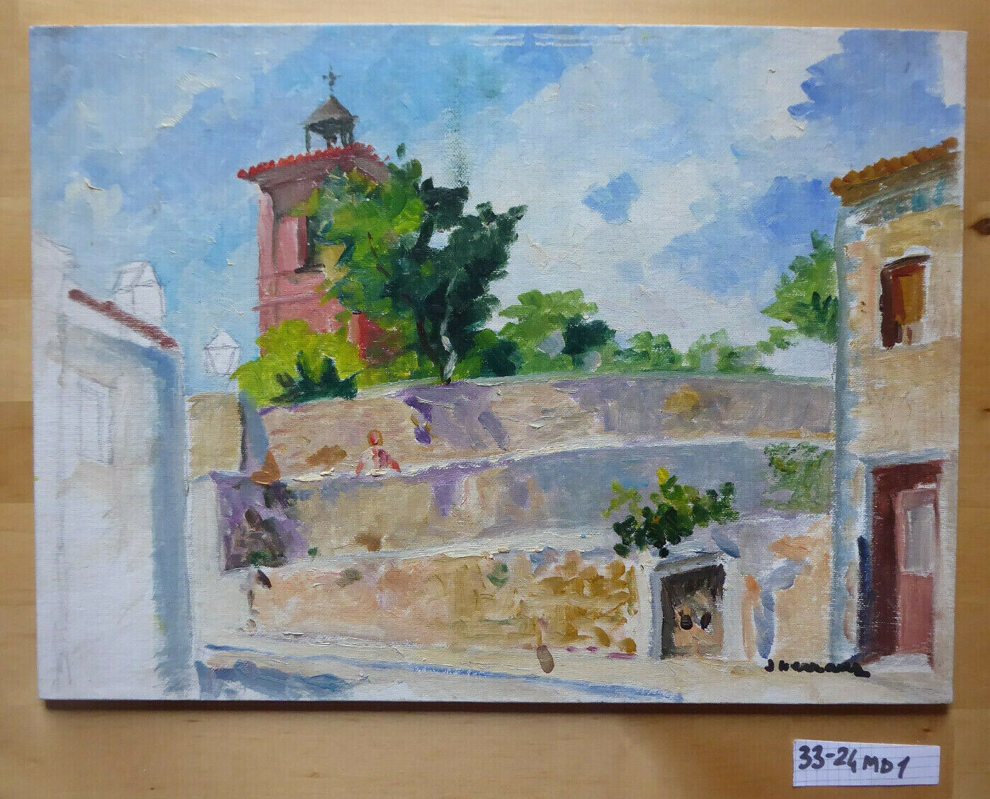 OIL PAINTING ON UNFINISHED PANEL VIEW OF SPANISH COUNTRY WORK PAINTER MD1