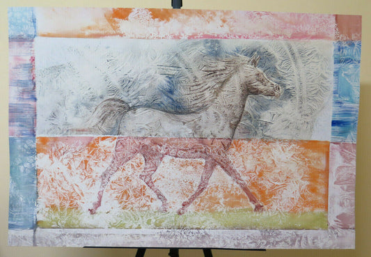 92x61 cm WATERCOLOR PAINTING PAINTED WITH MIXED TECHNIQUE VINTAGE HORSE P33.5