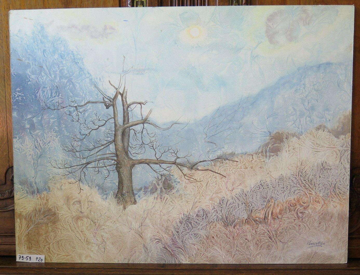 79x59 cm QUADRO VINTAGE DIPINTO CON TECNICA SPERIMENTALE PAESAGGIO INVERNO  P20 - Belbello Antiques