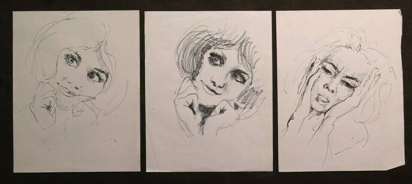 THREE OLD DRAWINGS SKETCHES PORTRAIT FEMALE FACE EXPRESSION SKETCH P28.8