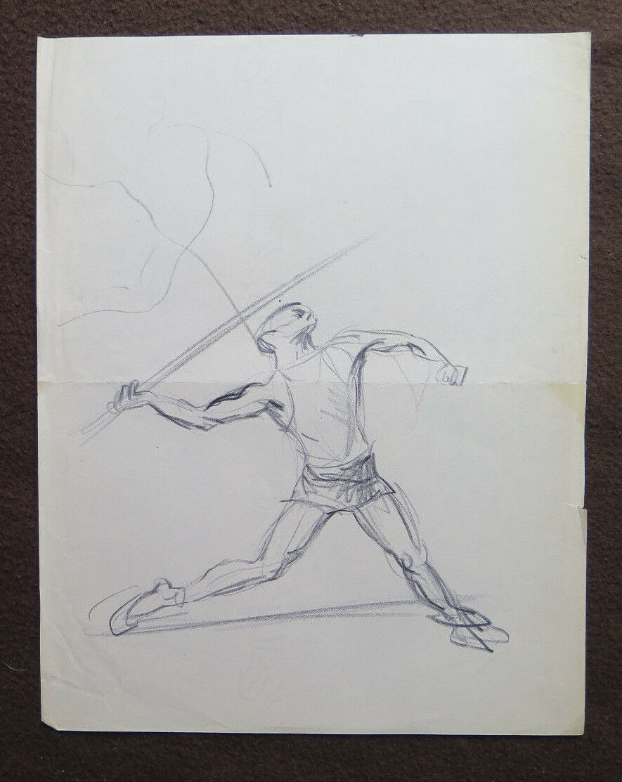 TWO OLD SKETCHES DRAWINGS OF FIGURES OF MARATHON ATHLETES JAVELIN THROW P28.7