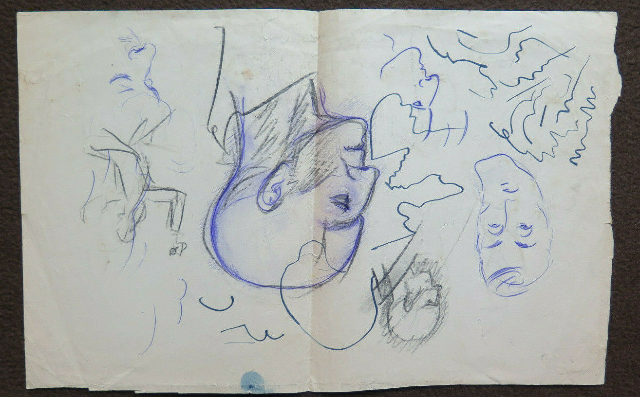 DISEGNO ANTICO MATITA SU CARTA STUDIO PER VOLTI UMANI E FIGURE BOZZETTO P28.5