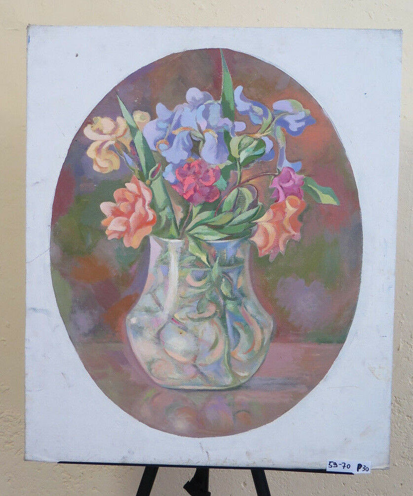 QUADRO AD OLIO SU TAVOLA TEMA FLOREALE MAZZO DI FIORI VINTAGE ANNI SESSANTA P30