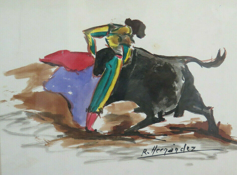 VINTAGE PAINTING WITH 4 LARGE SKETCHES SIGNED BY HERNANDEZ TORERO CORRIDA BM51 BM53.3