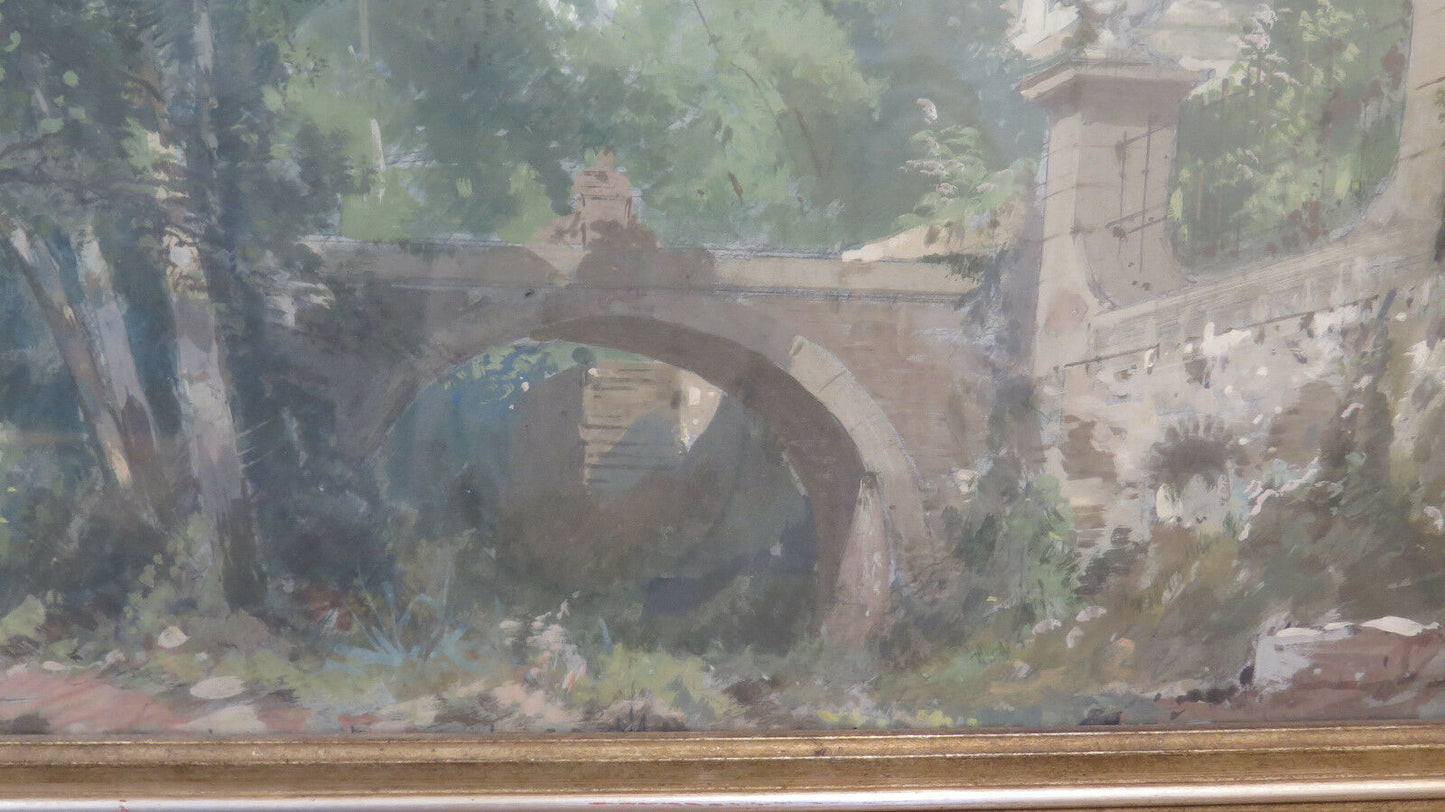 ANTIQUE GOUACHE TEMPERA PAINTING LANDSCAPE EARLY TWENTIETH CENTURY WITH COEVAL FRAME X1