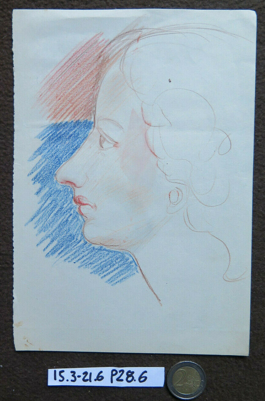 ANTIQUE DRAWING PORTRAIT OF FEMALE IN PROFILE FROM THE 1940s PENCIL P28.6