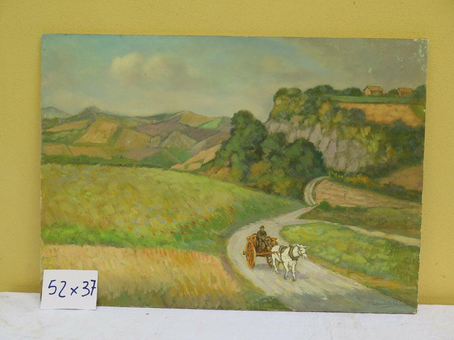 QUADRO ANTICO FIRMATO PANCALDI PAESAGGIO DI CAMPAGNA CON CAVALLI META' '900 - Belbello Antiques