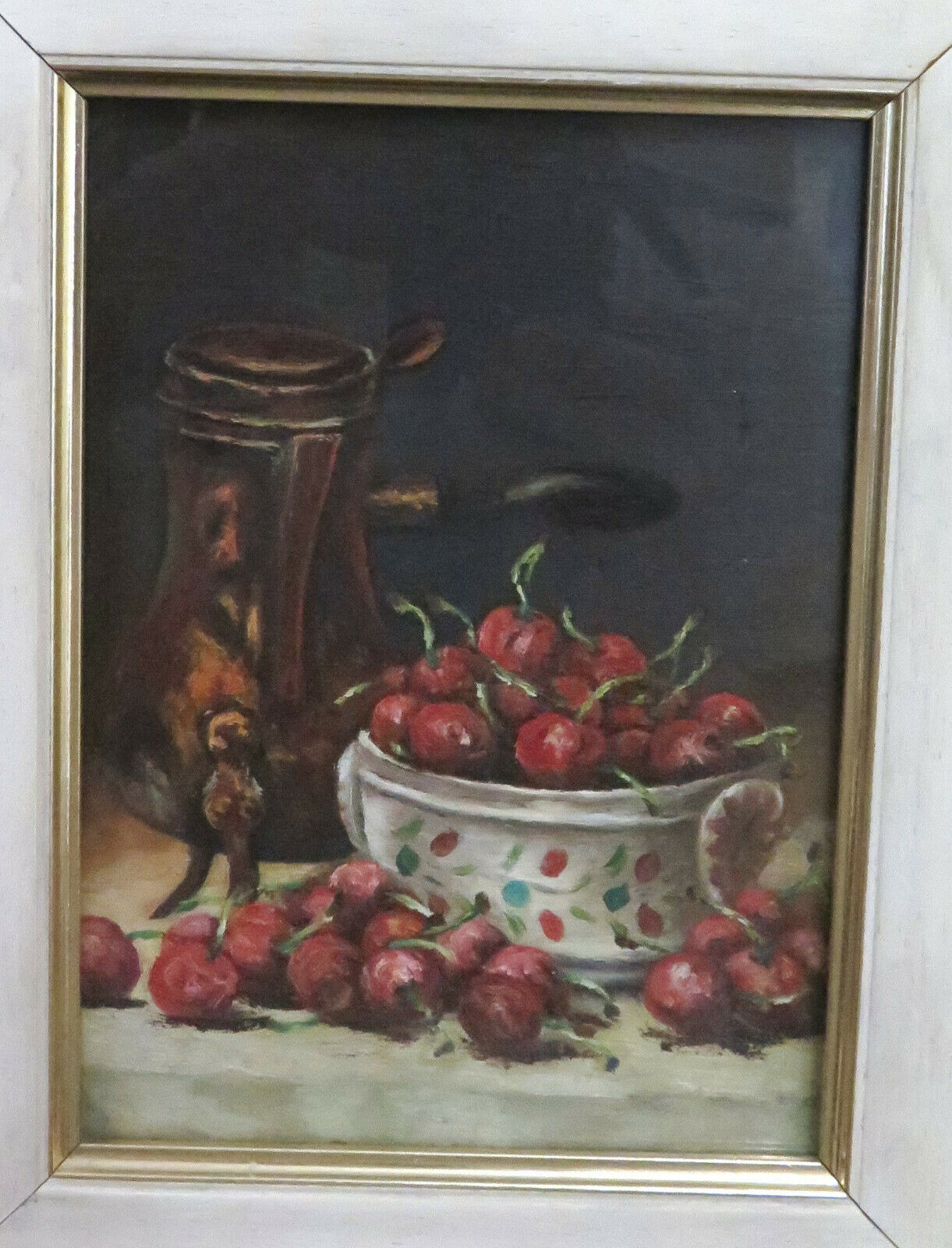 QUADRO AD OLIO VINTAGE NATURA MORTA CILIEGIE FIRMATO GIUSEPPE CASTAGNERO BM38