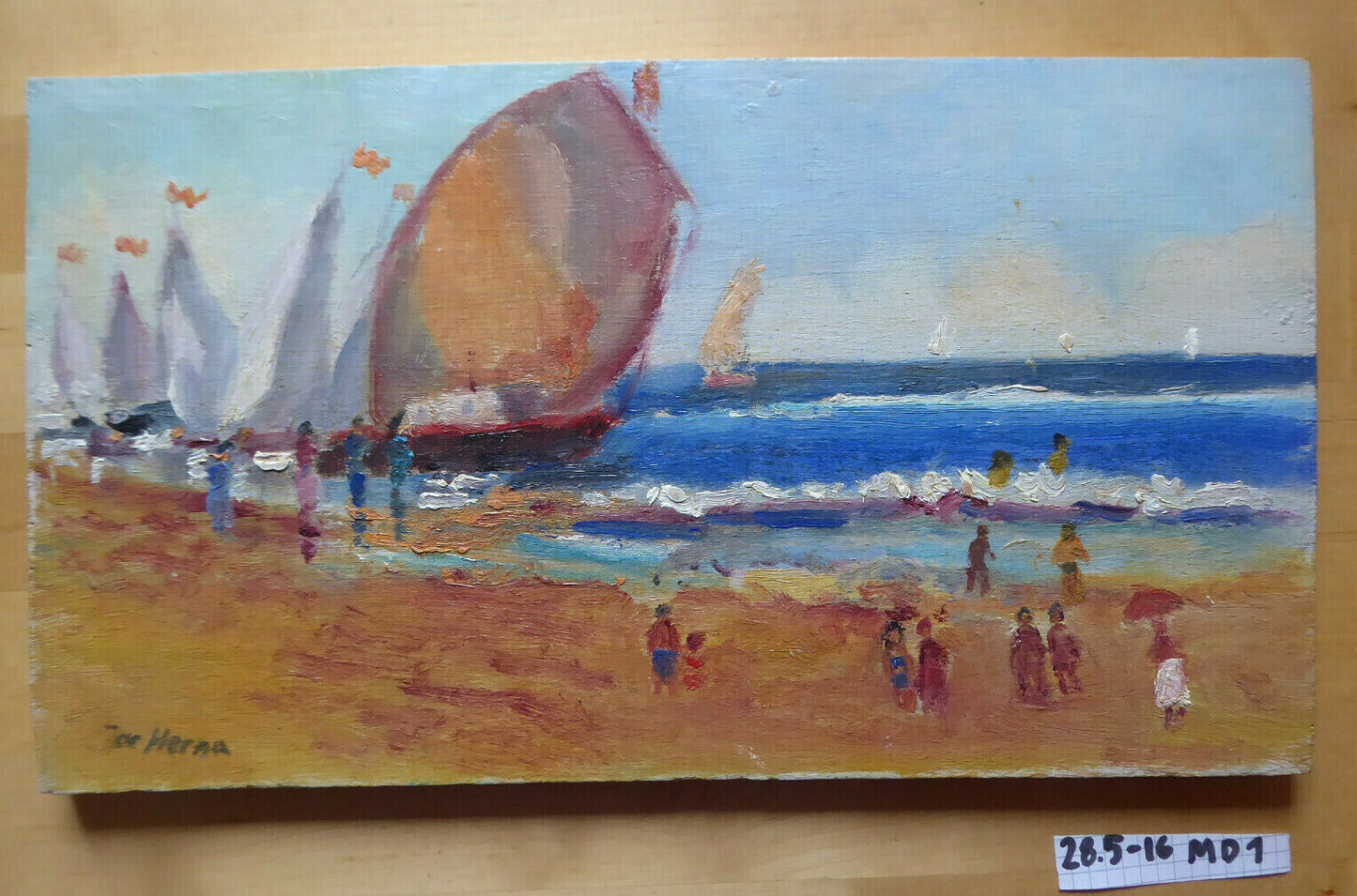 OLD PAINTING OIL SKETCH ON TABLE VIEW OF BLUE SEA WITH BOATS MD1 