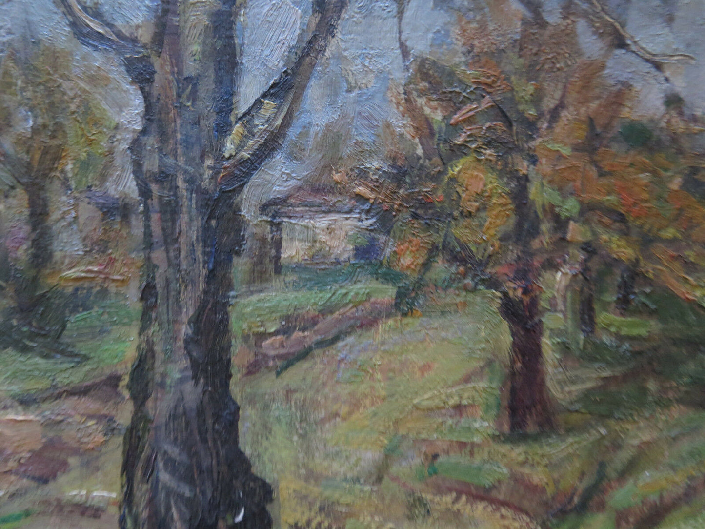 THE ORCHARD AFTER THE HARVEST ANTIQUE OIL PAINTING ON ORIGINAL PANEL p8