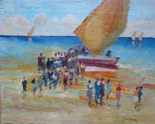 SMALL SIZE OIL PAINTING VNTAGE MARINA SEA SKETCH SPAIN SIGNED MD2 