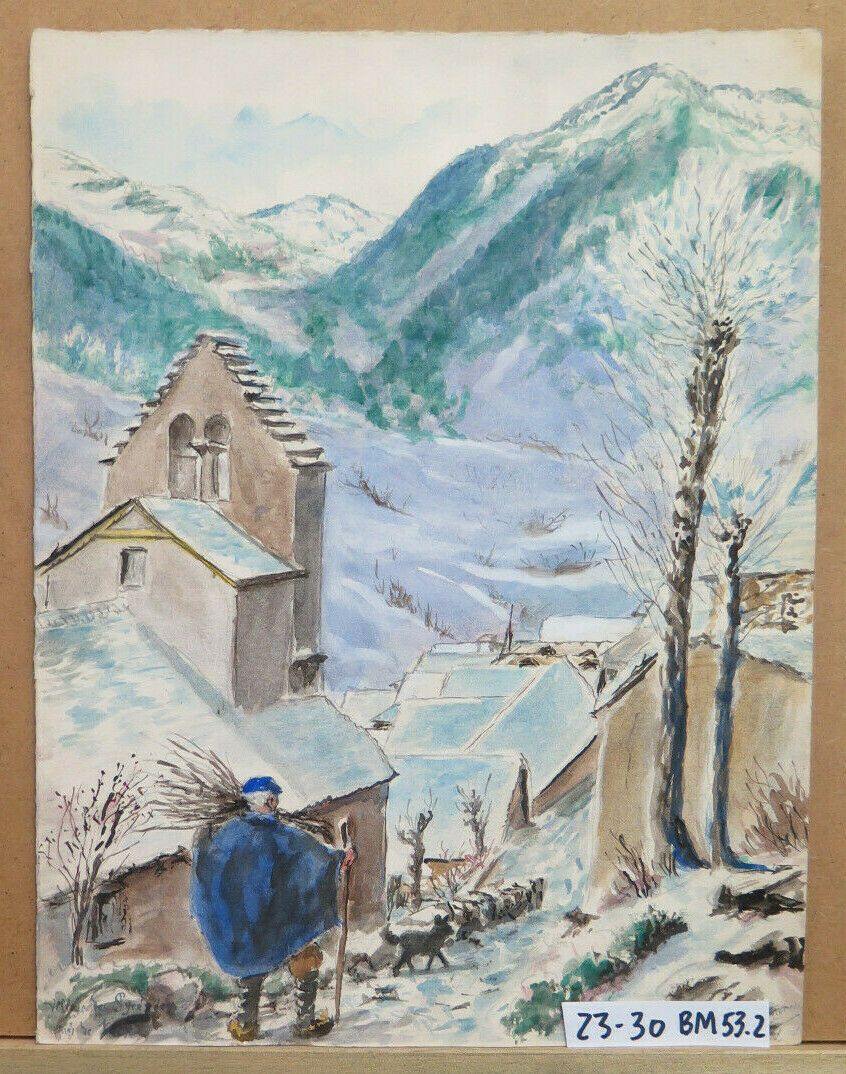 VECCHIO DIPINTO PAESAGGIO DEI PIRENEI NEVICATA QUADRO ACQUERELLO NEVE BM53.2 - Belbello Antiques