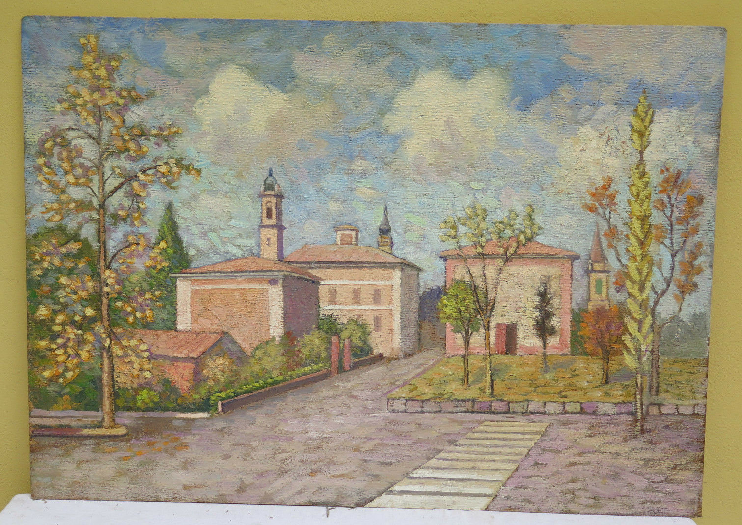 ANTICO QUADRO AD OLIO SU  TAVOLA IN STILE IMPRESSIONISTA VEDUTA CITTADINA - Belbello Antiques