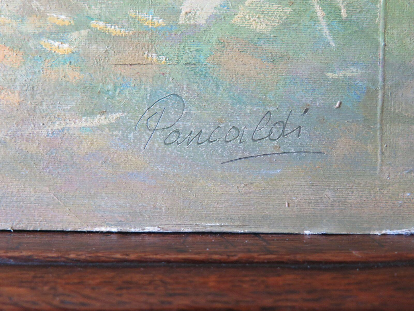 91x68 cm QUADRO AD OLIO VINTAGE PAESAGGIO FIORI LAGO ALBERI BOSCO FIRMATO P19 - Belbello Antiques
