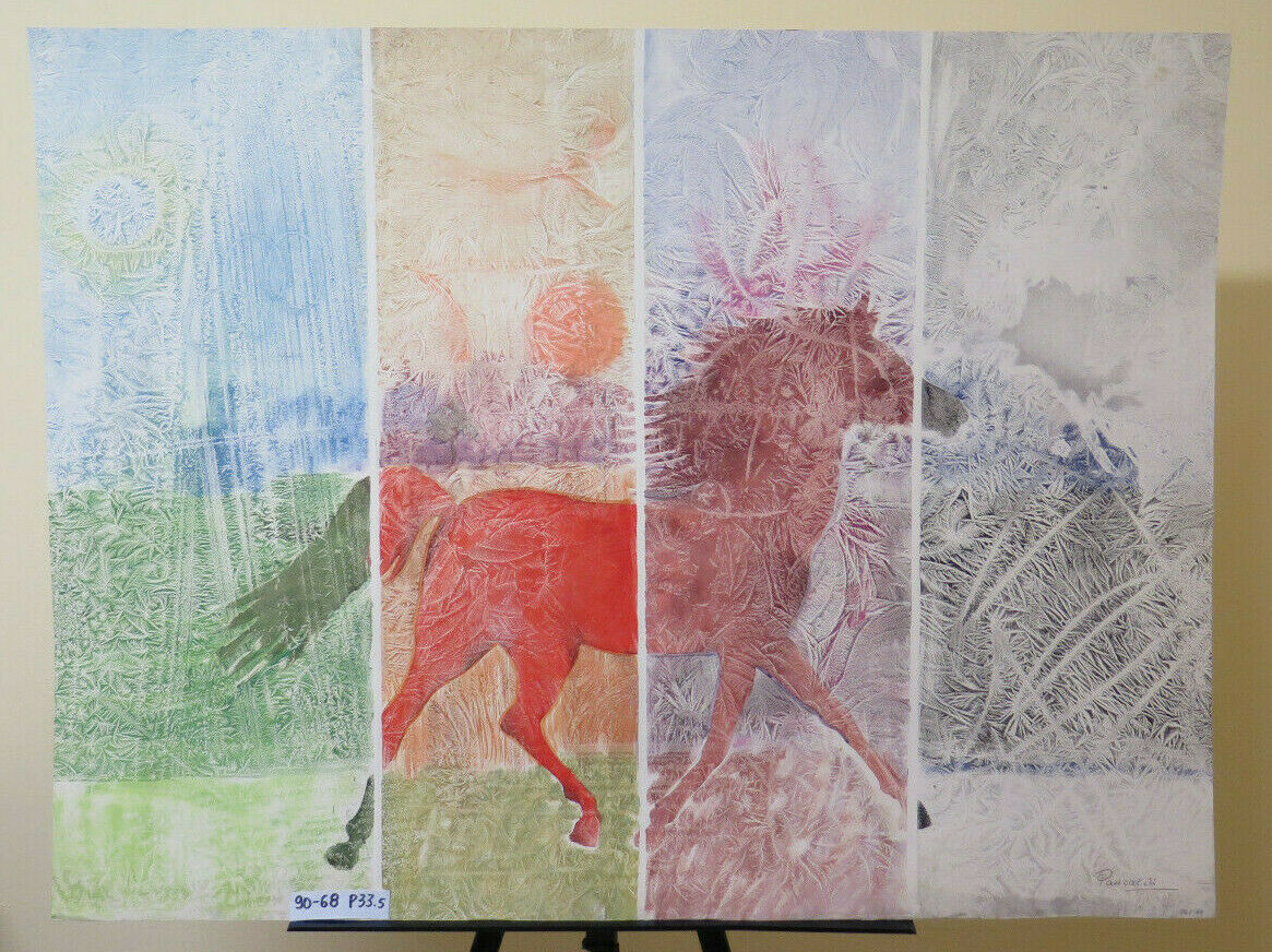 4 VINTAGE EQUESTRIAN PAINTINGS WITH HORSE PAINTED WITH FROST TECHNIQUE 80'S P33.5