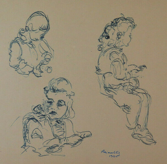 DISEGNO ANTICO BOZZETTO FIRMATO REINOLTZ 1935 STUDIO RITRATTO BAMBINA BM53.2