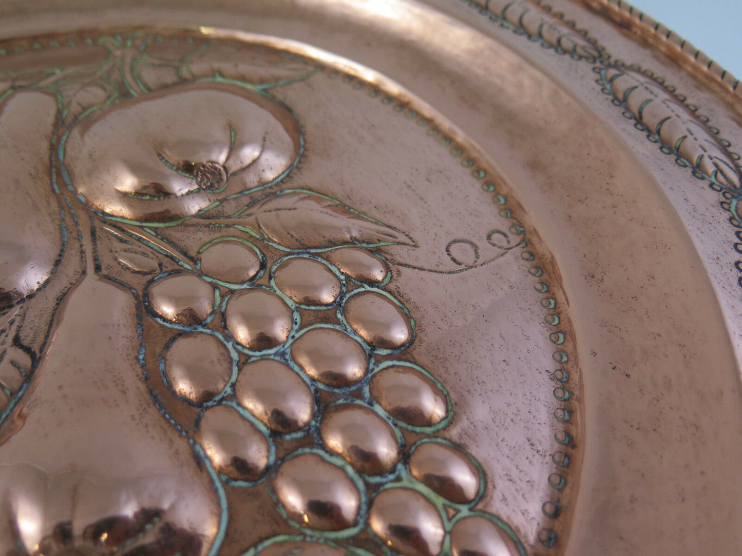 LARGE ANTIQUE COPPER EMBOSSED PLATE WITH GRAPES FRUIT CENTERPIECE R90