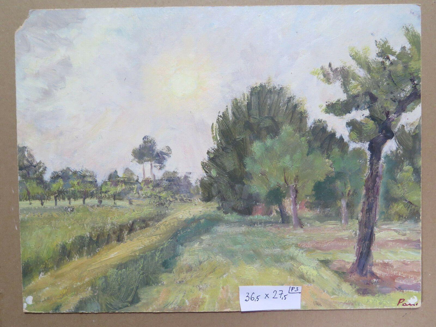 QUADRO ANTICO DIPINTO OLIO SU TAVOLA PAESAGGIO PRIMAVERILE ORIGINALE FIRMATO p3 - Belbello Antiques