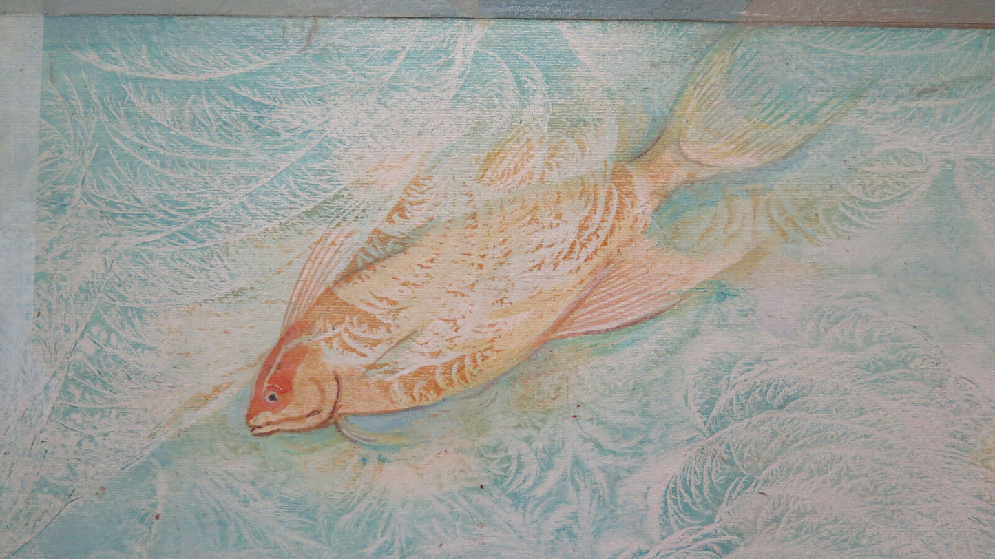 GRANDE QUADRO VINTAGE DIPINTO CON LA TECNICA DEL GELO PESCI ACQUARIO MARE P29