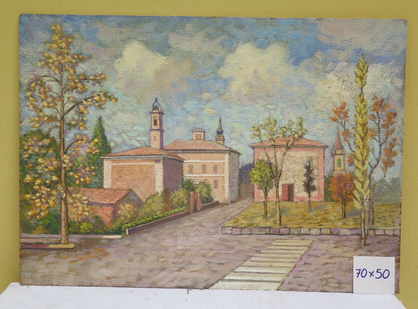 ANTICO QUADRO AD OLIO SU  TAVOLA IN STILE IMPRESSIONISTA VEDUTA CITTADINA - Belbello Antiques