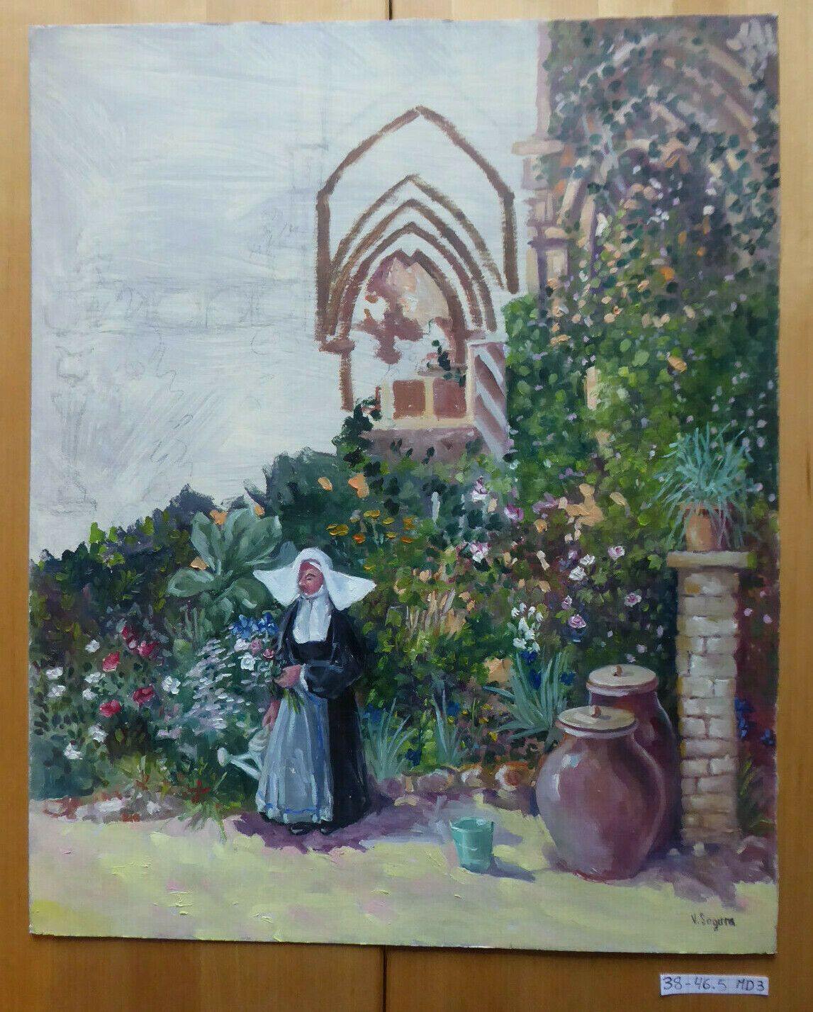 VECCHIO QUADRO IN STILE IMPRESSIONISTA VEDUTA CHIOSTRO MONASTERO SPAGNA '900 MD3 - Belbello Antiques