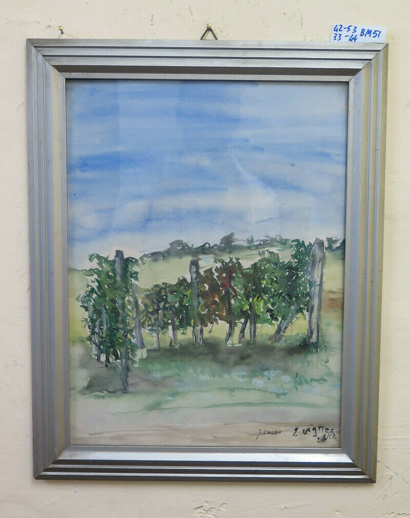 VINTAGE PAINTING LANDSCAPE WITH VINEYARDS SIGNED FRANCE 900 WATERCOLOR PAINTING BM51