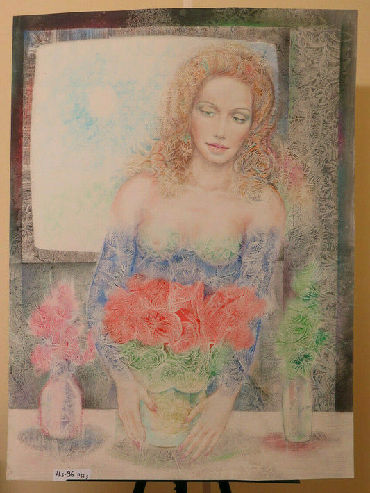 71x96 cm QUADRO VINTAGE DIPINTO TECNICA SPERIMENTALE RITRATTO FEMMINILE P33.3