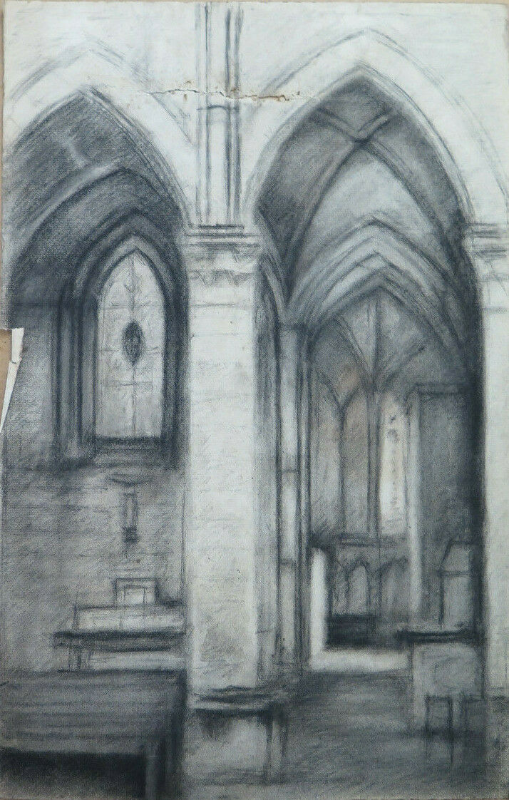 LARGE ANTIQUE DRAWING INTERIOR GOTHIC CHURCH Pierre Eugène Duteurtre DUT BM53.1 