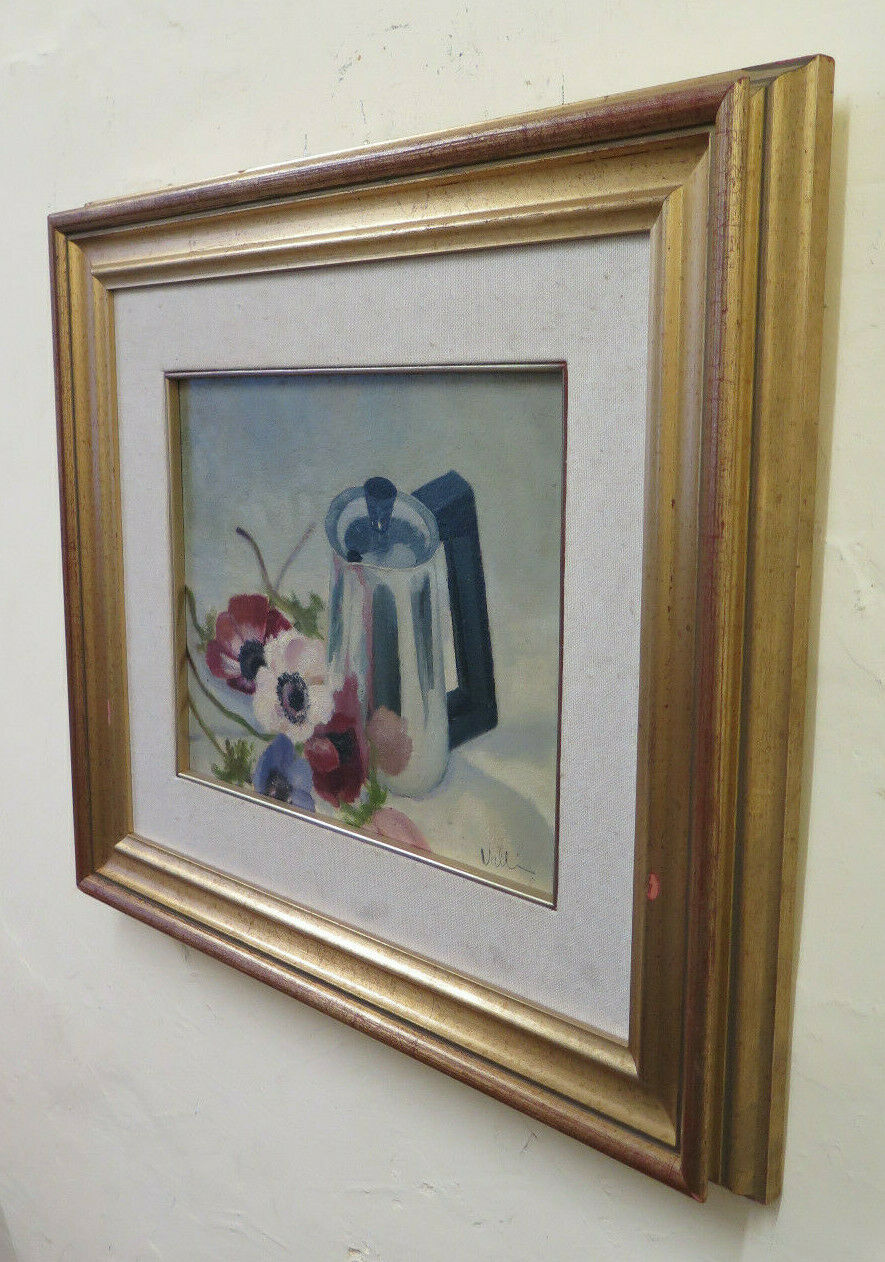 VINTAGE PAINTING SIGNED VALLI OIL PAINTING FLOWERS STILL LIFE IN INTERIOR BM51 