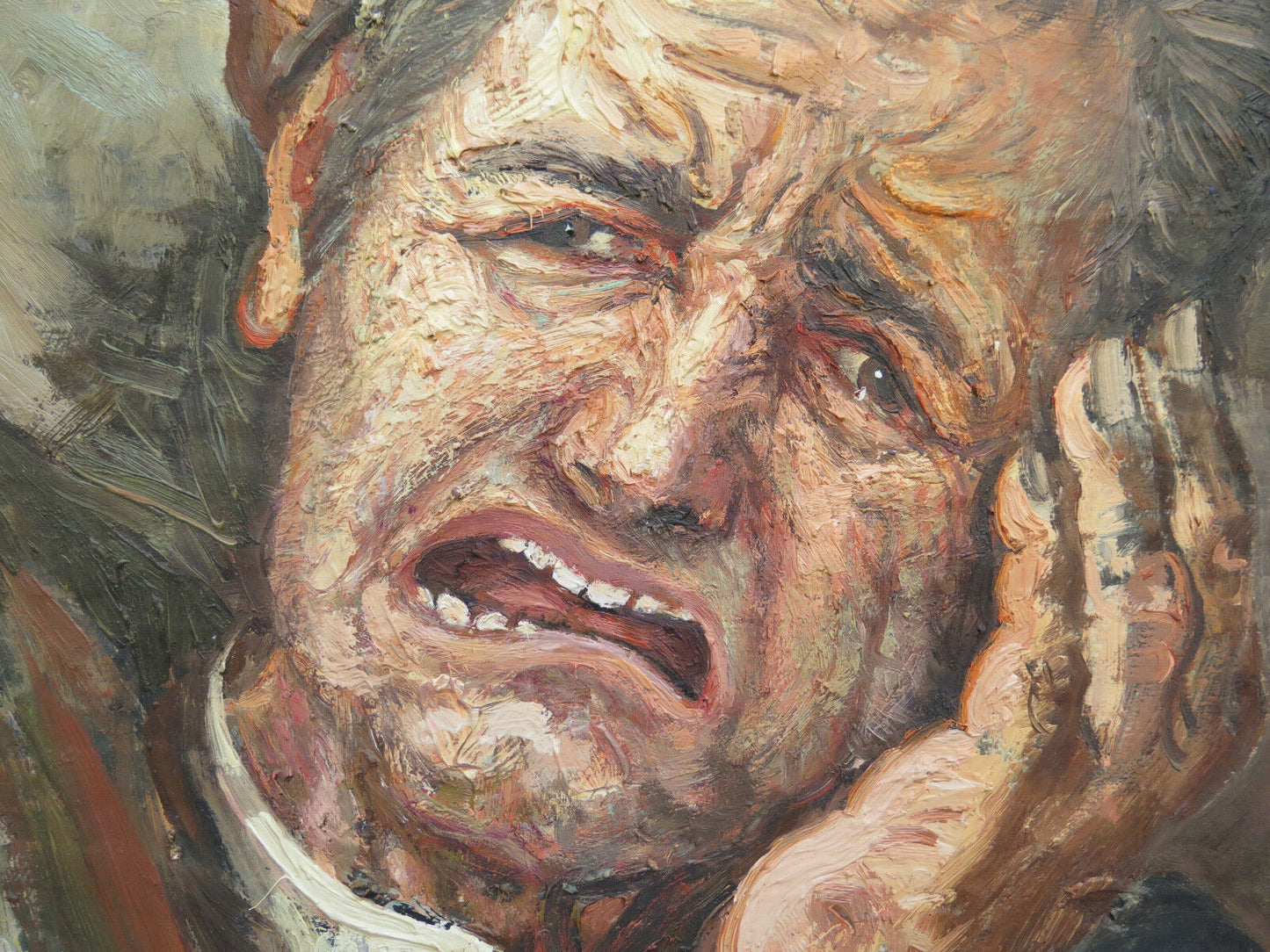 GAETANO PANCALDI 1922-2014 OIL PAINTING ON CANVAS PORTRAIT OF MAN WITH TOOTHache