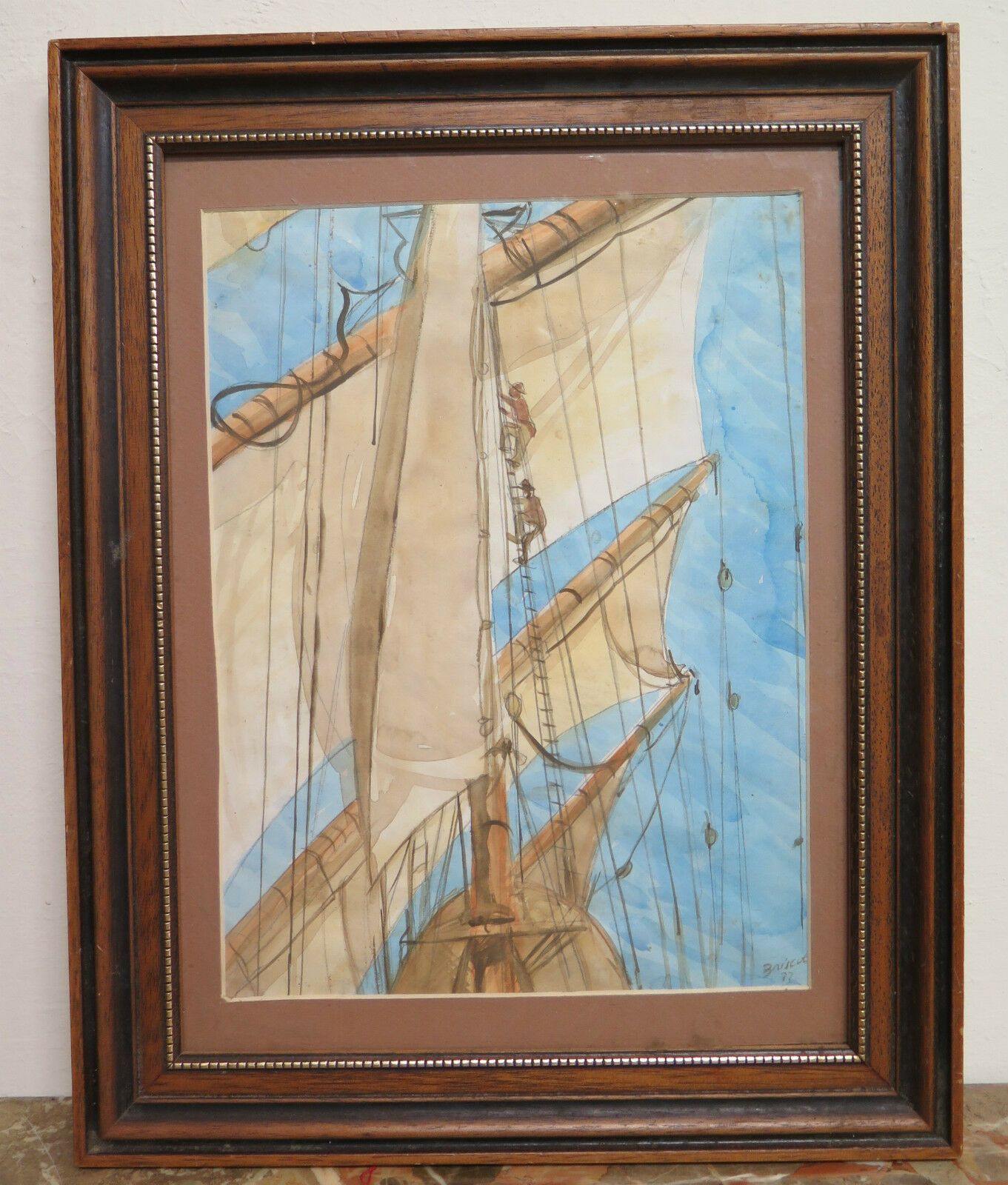 ANTICO ACQUERELLO QUADRO DIPINTO FIRMATO CON BARCHE A VELA IN MARE IN REGATA G5 - Belbello Antiques