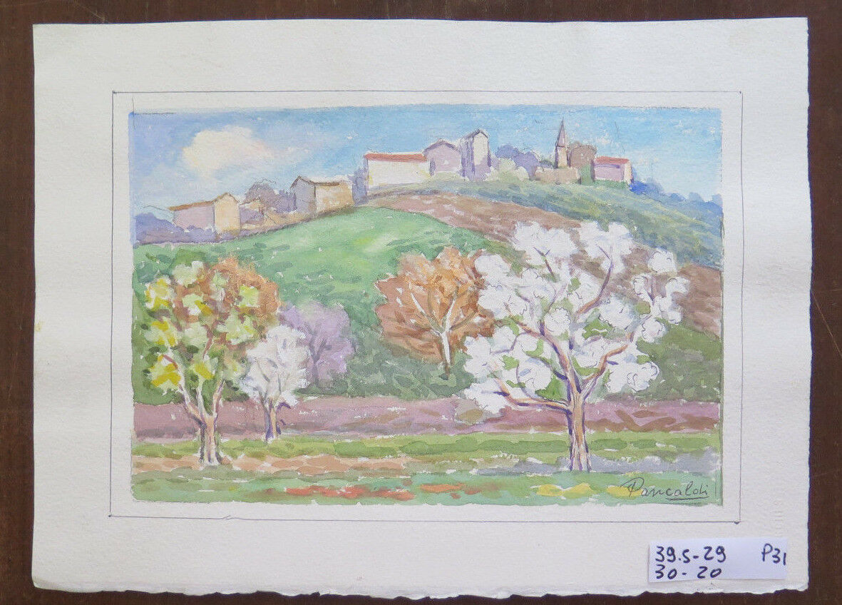 QUADRO VINTAGE DIPINTO ACQUERELLO SU CARTA PAESAGGIO DI CAMPAGNA FIRMATO P31