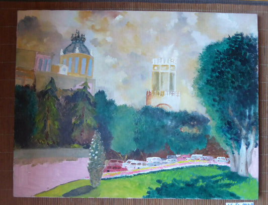 OLD UNFINISHED PAINTING VIEW OF MADRID DOWNTOWN METROPOLIS BUILDING MD8