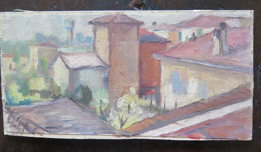 QUADRO ANTICO DIPINTO OLIO SU TAVOLA PAESAGGIO VEDUTA DELLA CITTà ORIGINALE p16 - Belbello Antiques